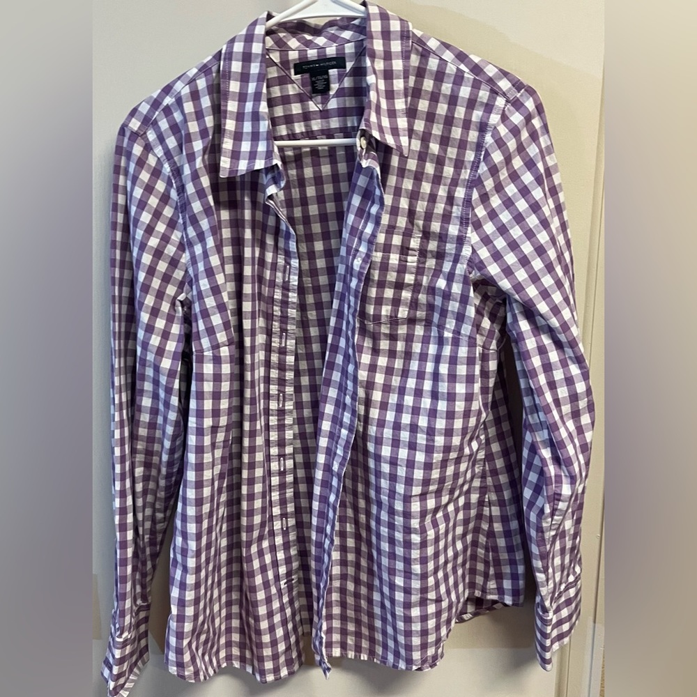 TOMMY HILFIGER Button Down Long Sleeve Purple Check Casual Shirt Men’s Size XL